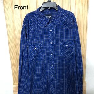 Men’s snap down blue and yellow plaid shirt